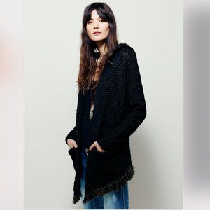 Black Hooded Free People Open Front Sweater